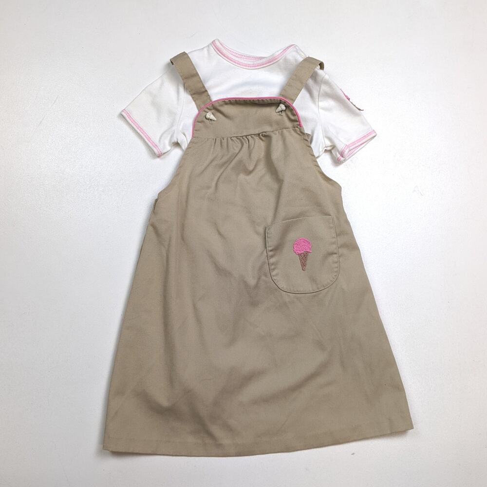 Vintage Dress Girls Sz 4T Khaki Tan Jumper Ice Cream Casual Outfit Set